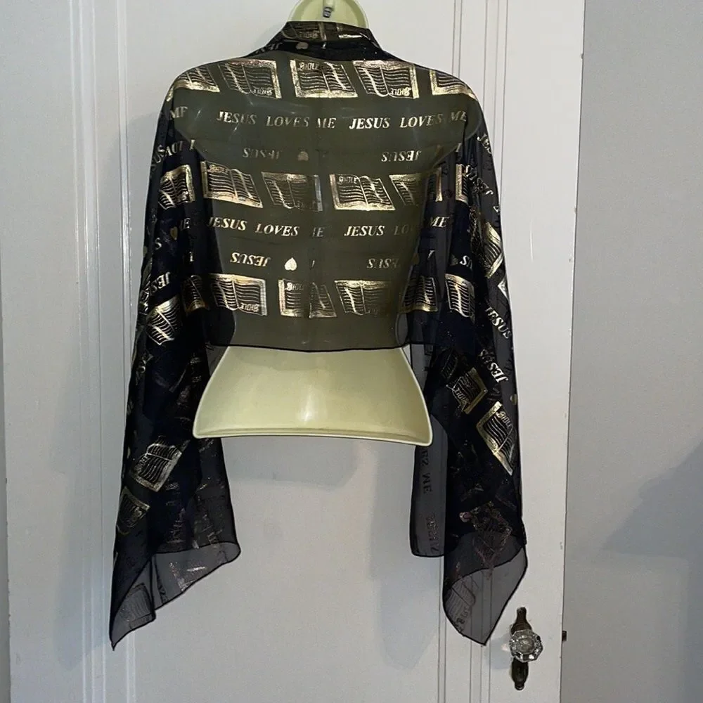 Vtg kitschy‎ black & gold polyester “Jesus Loves Me” & “I love Jesus” scarf wrap